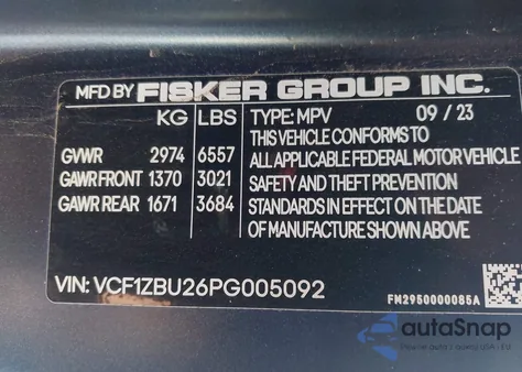 2023 Fisker Ocean One из США, поврежденный, VIN VCF1ZBU26PG005092